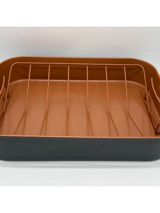 Crofton Nonstick Roasting Pan With Rack 16"x12"x3" Copper & Gray Carbon Steel Di - Picture 1 of 8